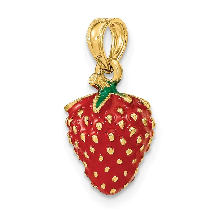 Goldia Charm Necklaces 14k Yellow Gold W Enamel 3D Strawberry and Leaf Charm