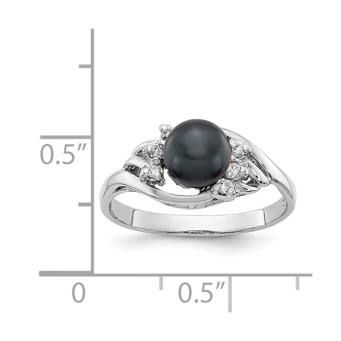 Goldiacom 14k White Gold 6mm Black FW Cultured Pearl AAA Real Diamond ring Rings