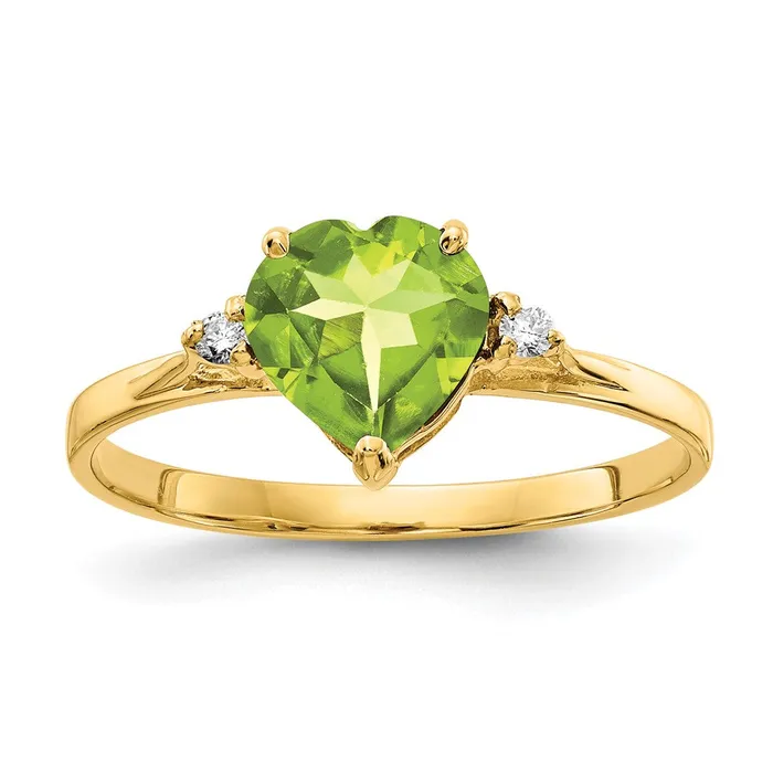 Goldiacom 14K Yellow Gold 7mm Heart Peridot AA Real Diamond ring Rings