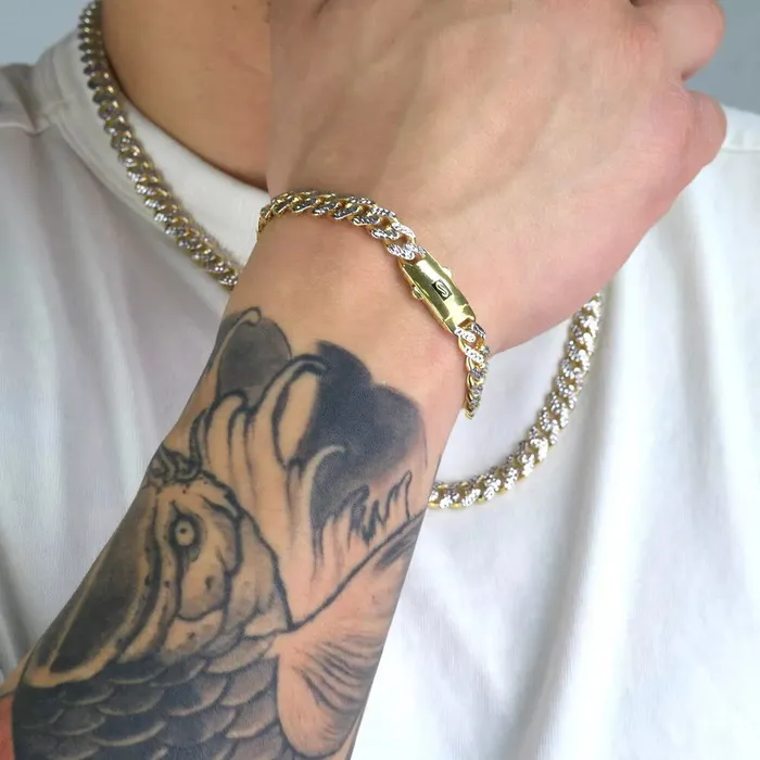 Goldiacom Bracelets 10k Yellow Gold 9mm Monaco Miami Cuban Link Diamond Cut Pave Chain Bracelet 9