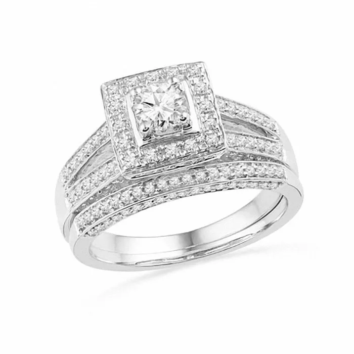 Goldiacom Rings 1 CT Diamond Square Halo Split Shank Bridal Engagement Ring Set in 14K White Gold Goldiacom Rings 1 CT Diamond Square Halo Split Shank Bridal Engagement Ring Set in 14K White Gold
