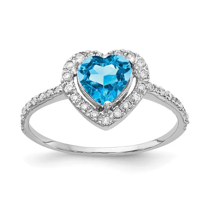 Goldiacom Rings 14k White Gold 6mm Heart Blue Topaz AA Real Diamond ring
