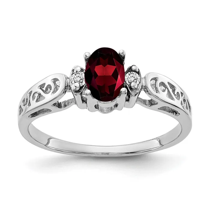 Goldiacom Rings 14k White Gold 6x4mm Oval Garnet AA Real Diamond ring