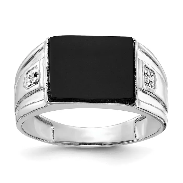 Goldiacom Rings 14K White Gold Mens Real Diamond and Black Onyx Signet Ring