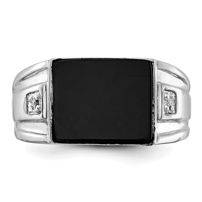 Goldiacom Rings 14K White Gold Mens Real Diamond and Black Onyx Signet Ring