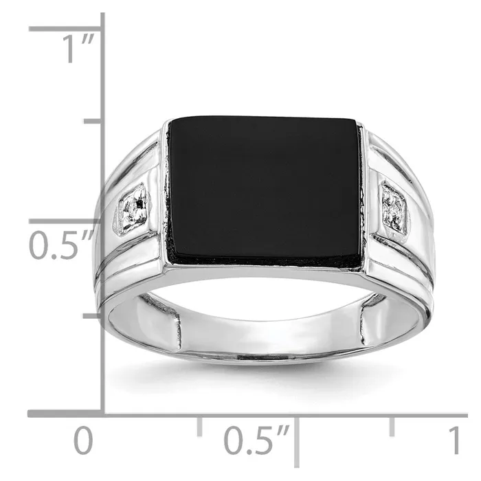 Goldiacom Rings 14K White Gold Mens Real Diamond and Black Onyx Signet Ring