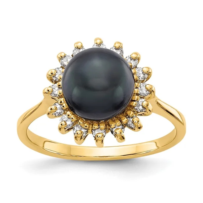 Goldiacom Rings 14K Yellow Gold 75mm Black FW Cultured Pearl AA Real Diamond ring Goldiacom Rings 14K Yellow Gold 75mm Black FW Cultured Pearl AA Real Diamond ring