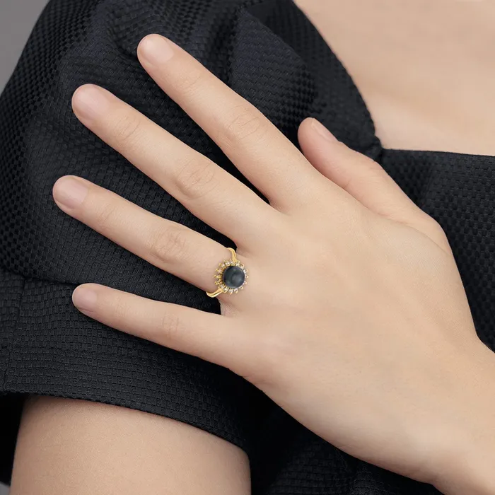 Goldiacom Rings 14K Yellow Gold 75mm Black FW Cultured Pearl AA Real Diamond ring