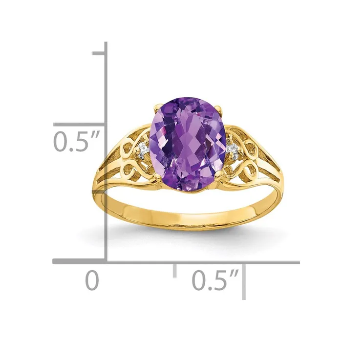 Goldiacom Rings 14K Yellow Gold 9x7mm Oval Amethyst Checker AA Real Diamond ring