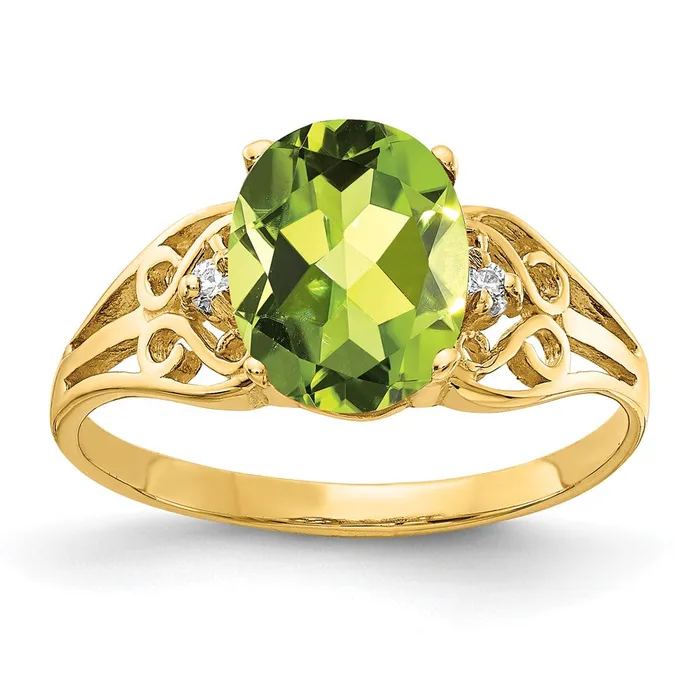 Goldiacom Rings 14K Yellow Gold 9x7mm Oval Peridot VS Real Diamond ring