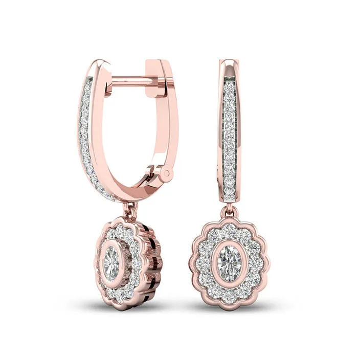 Goldia Earrings 05 CT TW Oval Diamond Flower Frame Drop Hoop Earrings in 10K Rose Gold Goldia Earrings 05 CT TW Oval Diamond Flower Frame Drop Hoop Earrings in 10K Rose Gold