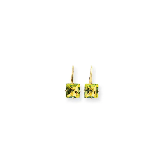 Goldia Earrings 14k Yellow Gold 7mm Princess Cut Peridot Leverback Earrings Goldia Earrings 14k Yellow Gold 7mm Princess Cut Peridot Leverback Earrings