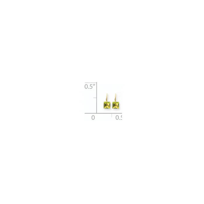 Goldia Earrings 14k Yellow Gold 7mm Princess Cut Peridot Leverback Earrings