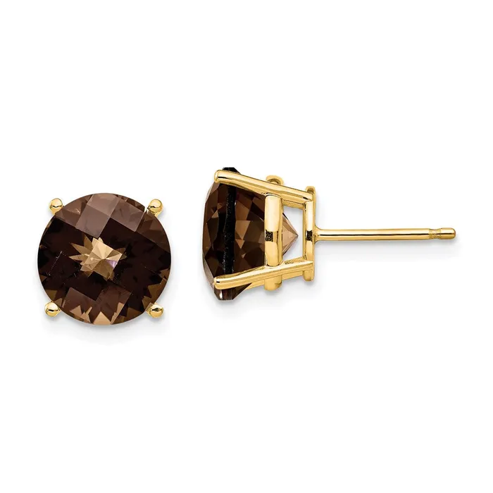 Goldia Earrings 14k Yellow Gold 9mm Round CheckerCut Smok Yellow Gold Quartz Earrings Goldia Earrings 14k Yellow Gold 9mm Round CheckerCut Smok Yellow Gold Quartz Earrings