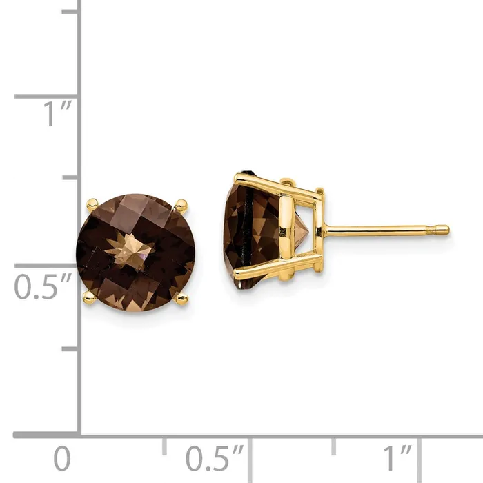 Goldia Earrings 14k Yellow Gold 9mm Round CheckerCut Smok Yellow Gold Quartz Earrings