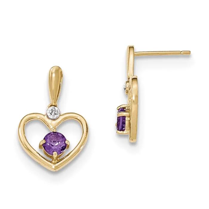 Goldia Earrings 14k Yellow Gold Amethyst and Real Diamond Heart Post Dangle Earrings Goldia Earrings 14k Yellow Gold Amethyst and Real Diamond Heart Post Dangle Earrings