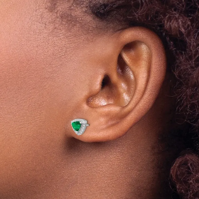 Goldia Earrings Solid 14k White Gold Trillion Simulated Emerald and CZ Halo Earrings