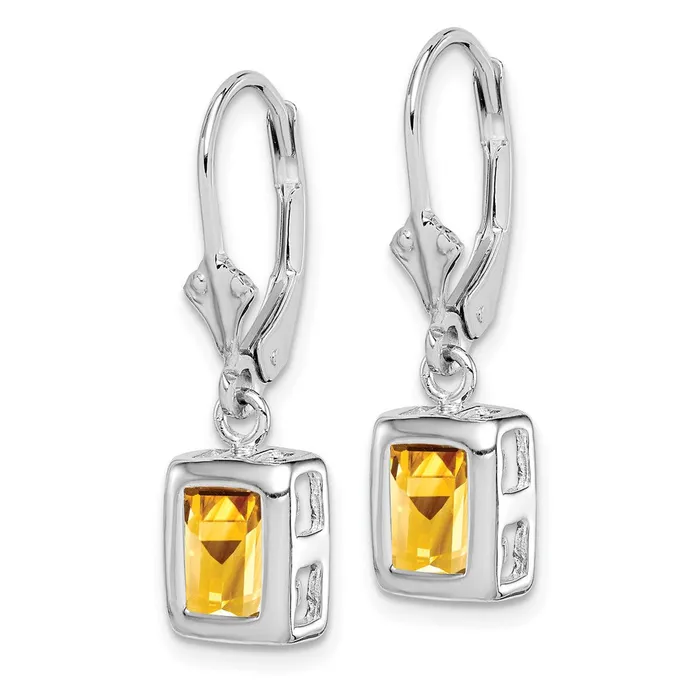 Goldia Earrings Sterling Silver Rhodium Plated 7x5 Emerald Cut Citrine Leverback Earrings
