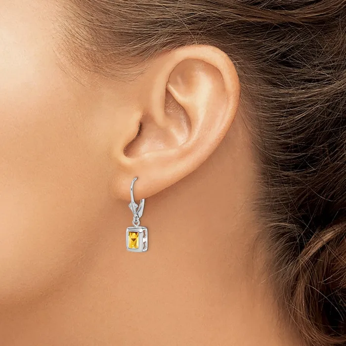 Goldia Earrings Sterling Silver Rhodium Plated 7x5 Emerald Cut Citrine Leverback Earrings