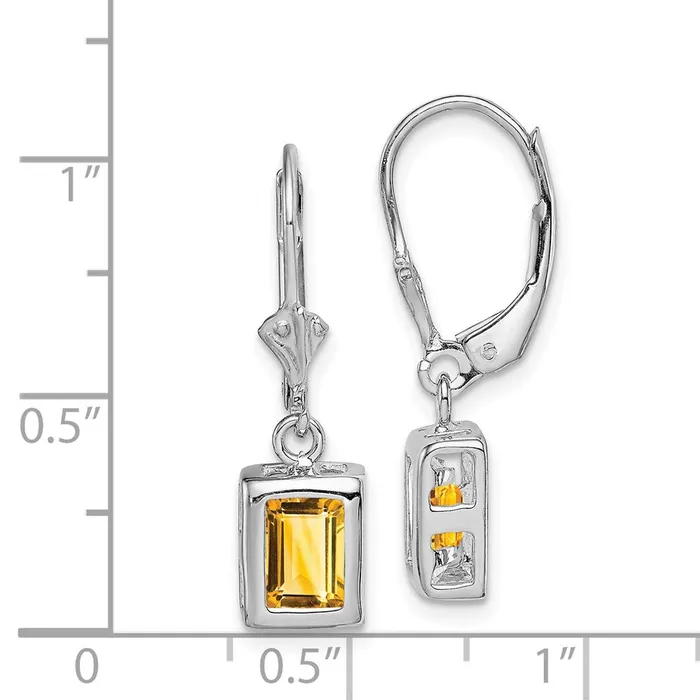 Goldia Earrings Sterling Silver Rhodium Plated 7x5 Emerald Cut Citrine Leverback Earrings