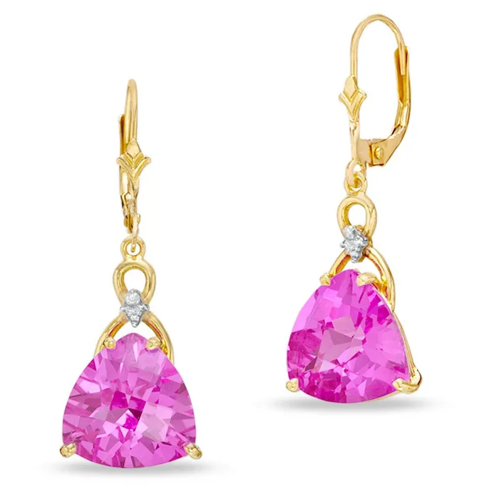 Goldia Earrings TrillionCut LabCreated Pink Sapphire and Diamond Accent Drop Earrings in 10K Gold Goldia Earrings TrillionCut LabCreated Pink Sapphire and Diamond Accent Drop Earrings in 10K Gold