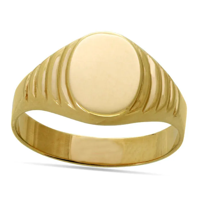 Goldia Etched Pattern Ribbed Shank OvalShaped Signet Ring in Solid 14K Gold Size 7 Rings