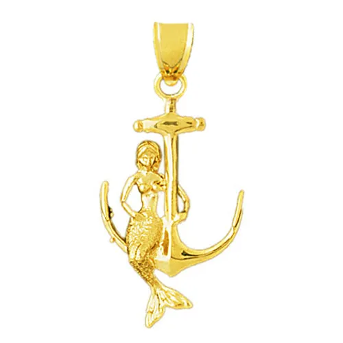 Goldia Necklaces 14K Gold 3D Mermaid Sitting On Anchor Pendant