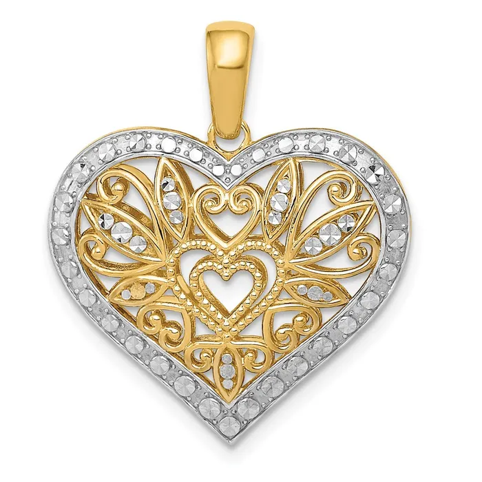 Goldia Necklaces 14k Yellow Rhodium Gold wRhodium Polished Diamondcut Filigree Heart Pendant Goldia Necklaces 14k Yellow Rhodium Gold wRhodium Polished Diamondcut Filigree Heart Pendant