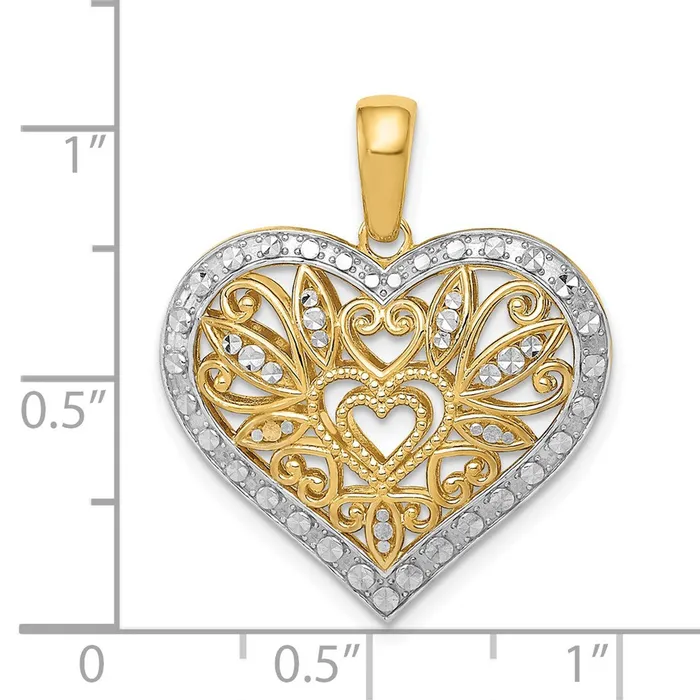 Goldia Necklaces 14k Yellow Rhodium Gold wRhodium Polished Diamondcut Filigree Heart Pendant