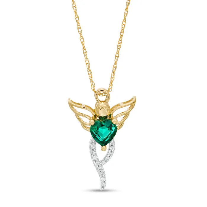 Goldia Necklaces 50mm HeartShaped LabCreated Emerald and 005 CT TW Diamond Angel Pendant in 10K Yellow Gold Goldia Necklaces 50mm HeartShaped LabCreated Emerald and 005 CT TW Diamond Angel Pendant in 10K Yellow Gold