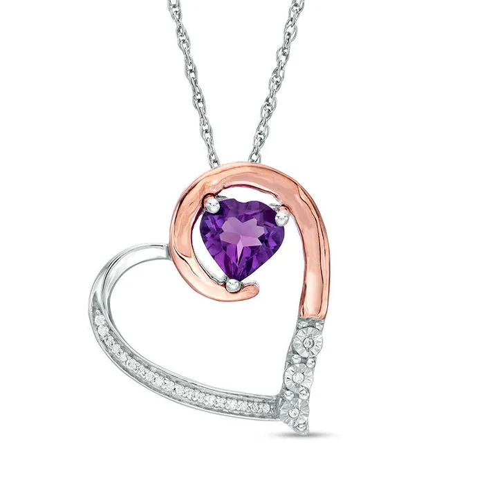 Goldia Necklaces 60mm Amethyst and 005 CT TW Natural Diamond Tilted Loop Heart Pendant in Sterling Silver and 10K Rose Gold Goldia Necklaces 60mm Amethyst and 005 CT TW Natural Diamond Tilted Loop Heart Pendant in Sterling Silver and 10K Rose Gold