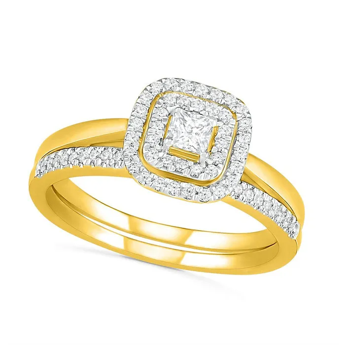 Goldia Rings 038 CT TW PrincessCut Natural Diamond Double Cushion Frame Bridal Engagement Ring Set in Solid 10K Yellow Gold Goldia Rings 038 CT TW PrincessCut Natural Diamond Double Cushion Frame Bridal Engagement Ring Set in Solid 10K Yellow Gold