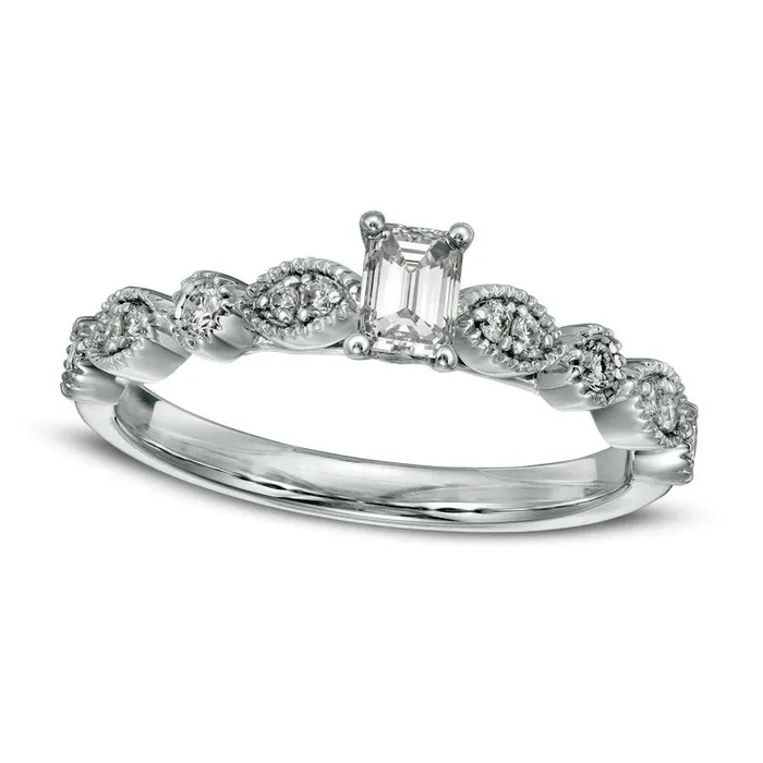Goldia Rings 050 CT TW EmeraldCut Natural Diamond wih Marquise Shapes Antique VintageStyle Engagement Ring in Solid 10K White Gold Goldia Rings 050 CT TW EmeraldCut Natural Diamond wih Marquise Shapes Antique VintageStyle Engagement Ring in Solid 10K White Gold