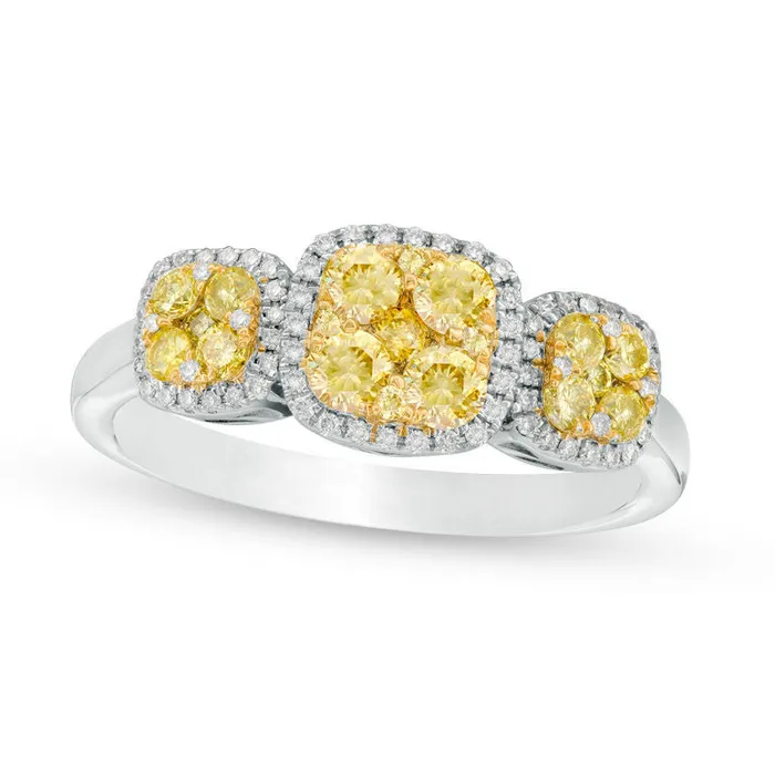 Goldia Rings 075 CT TW Yellow and White Composite Natural Diamond Three Stone Cushion Frame Ring in Solid 14K White Gold Size 7 Goldia Rings 075 CT TW Yellow and White Composite Natural Diamond Three Stone Cushion Frame Ring in Solid 14K White Gold Size 7
