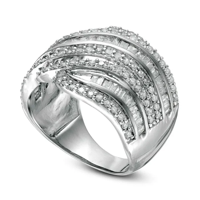 Goldia Rings 15 CT TW Baguette and Round Natural Diamond Alternating Waves Ring in Solid 10K White Gold Goldia Rings 15 CT TW Baguette and Round Natural Diamond Alternating Waves Ring in Solid 10K White Gold