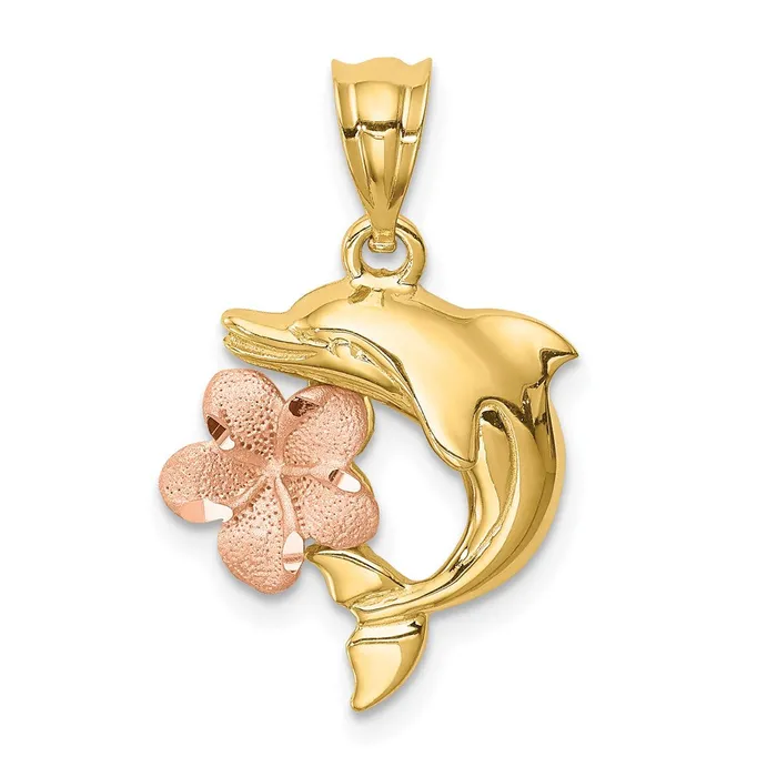 Goldia Rings 14k Twotone Gold BrushedPolished Diamondcut Plumeria wDolphin Pendant