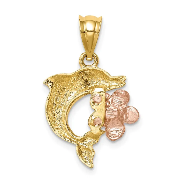 Goldia Rings 14k Twotone Gold BrushedPolished Diamondcut Plumeria wDolphin Pendant