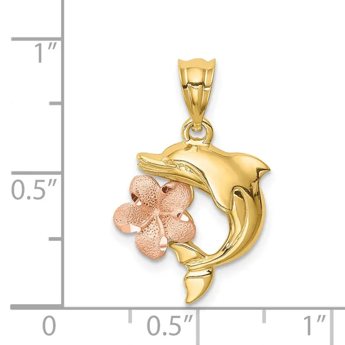 Goldia Rings 14k Twotone Gold BrushedPolished Diamondcut Plumeria wDolphin Pendant