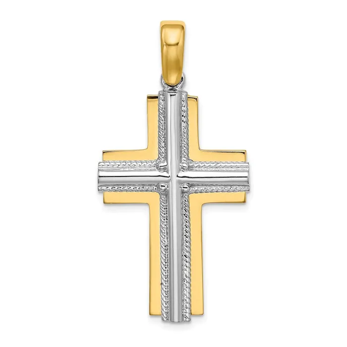 Goldia Rings 14k Twotone Gold Ridged Trim Cross Charm
