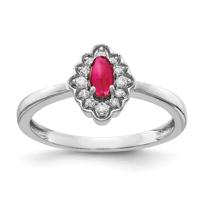 Goldia Rings 14k White Gold Real Diamond and Oval Cabochon Ruby Ring