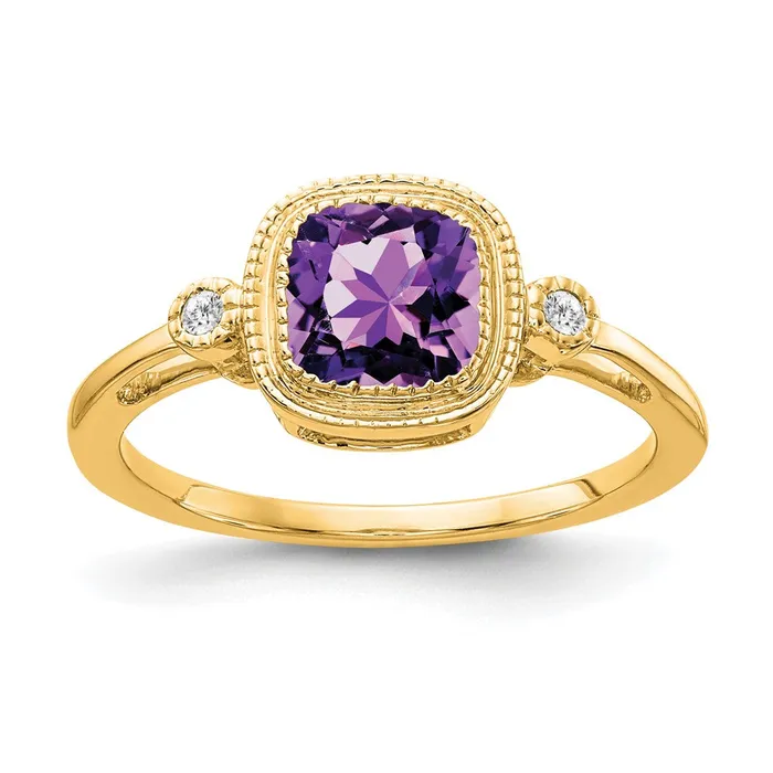 Goldia Rings 14K Yellow Gold Cushion Amethyst and Real Diamond Ring