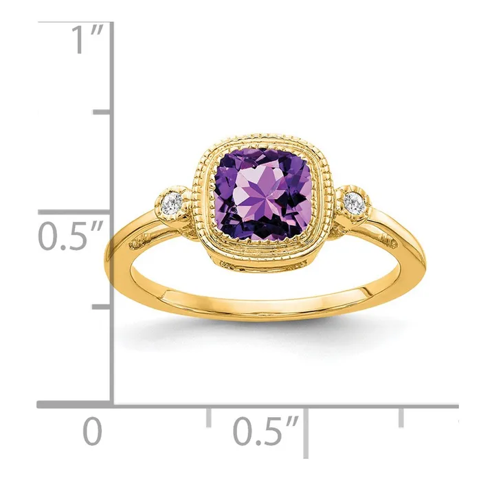 Goldia Rings 14K Yellow Gold Cushion Amethyst and Real Diamond Ring
