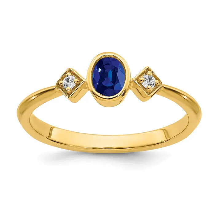 Goldia Rings 14K Yellow Gold Oval Bezel Sapphire and Real Diamond Ring