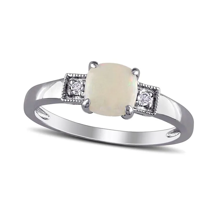 Goldia Rings 60mm CushionCut Cabochon Opal and 005 CT TW Natural Diamond Antique VintageStyle Ring in Sterling Silver Goldia Rings 60mm CushionCut Cabochon Opal and 005 CT TW Natural Diamond Antique VintageStyle Ring in Sterling Silver