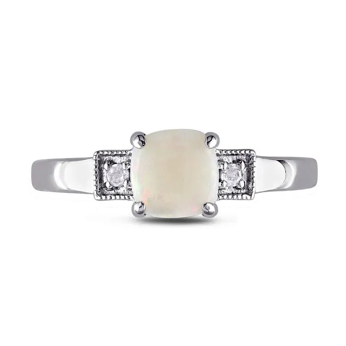 Goldia Rings 60mm CushionCut Cabochon Opal and 005 CT TW Natural Diamond Antique VintageStyle Ring in Sterling Silver Goldia Rings 60mm CushionCut Cabochon Opal and 005 CT TW Natural Diamond Antique VintageStyle Ring in Sterling Silver