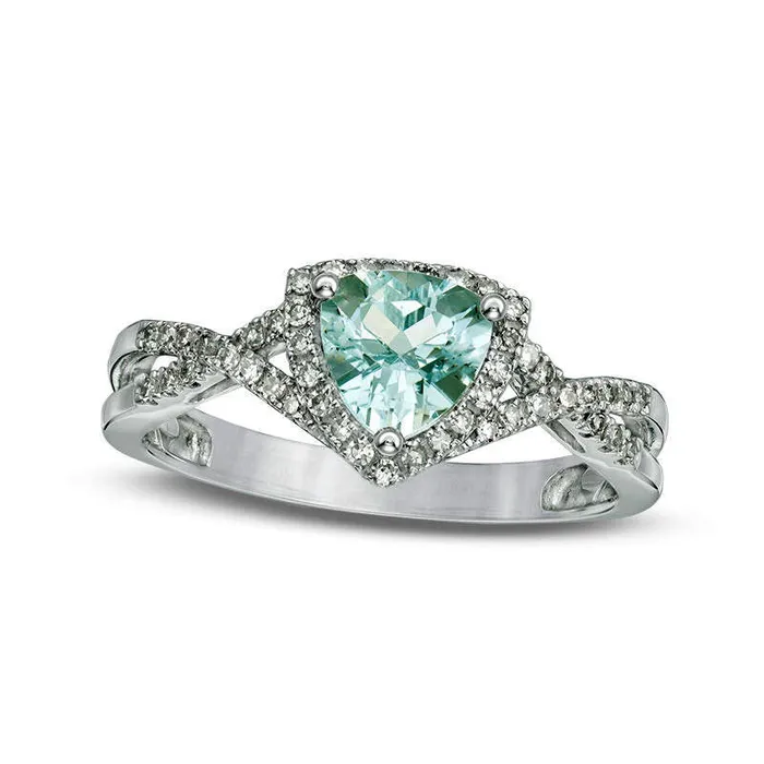 Goldia Rings 60mm TrillionCut Aquamarine and 020 CT TW Natural Diamond Frame CrissCross Shank Ring in Solid 10K White Gold Goldia Rings 60mm TrillionCut Aquamarine and 020 CT TW Natural Diamond Frame CrissCross Shank Ring in Solid 10K White Gold