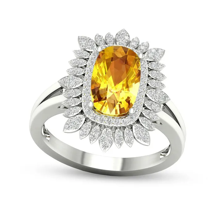 Goldia Rings CushionCut Citrine and White Topaz Frame Split Shank Sunflower Ring in Solid 10K White Gold Goldia Rings CushionCut Citrine and White Topaz Frame Split Shank Sunflower Ring in Solid 10K White Gold