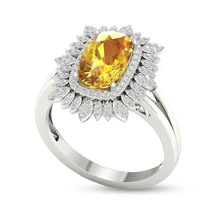 Goldia Rings CushionCut Citrine and White Topaz Frame Split Shank Sunflower Ring in Solid 10K White Gold Goldia Rings CushionCut Citrine and White Topaz Frame Split Shank Sunflower Ring in Solid 10K White Gold