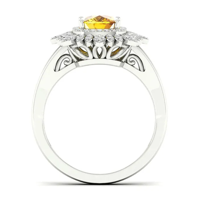 Goldia Rings CushionCut Citrine and White Topaz Frame Split Shank Sunflower Ring in Solid 10K White Gold Goldia Rings CushionCut Citrine and White Topaz Frame Split Shank Sunflower Ring in Solid 10K White Gold