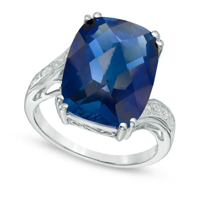 Goldia Rings CushionCut LabCreated Blue Sapphire and Diamond Accent Ring in Solid 10K White Gold Goldia Rings CushionCut LabCreated Blue Sapphire and Diamond Accent Ring in Solid 10K White Gold